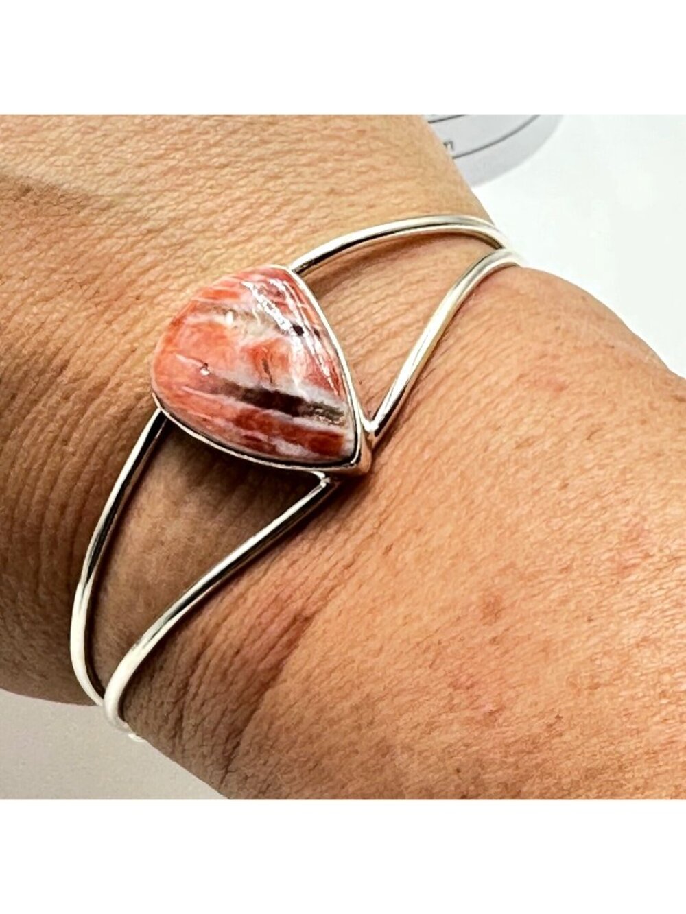 Sterling Silver Bracelet Rhodochrosite Cuff Pink Adjustable Size